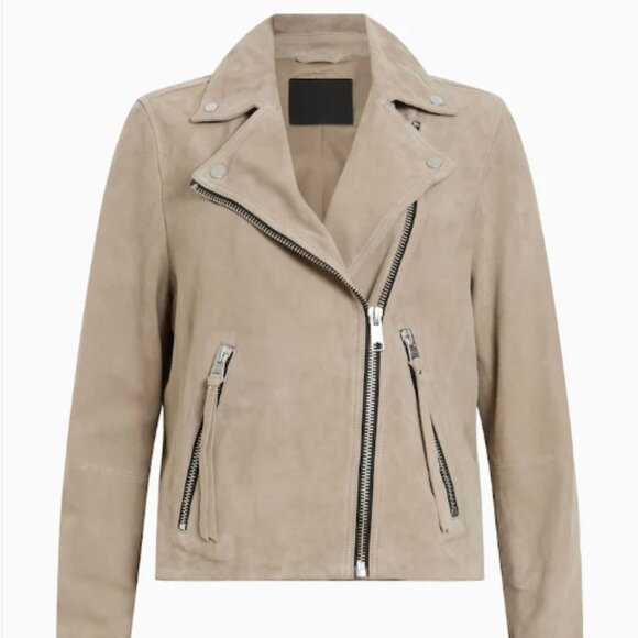 AllSaints Suede Dalby Biker Jacket – Size US 6 – Light Beige Suede - Picture 1 of 8